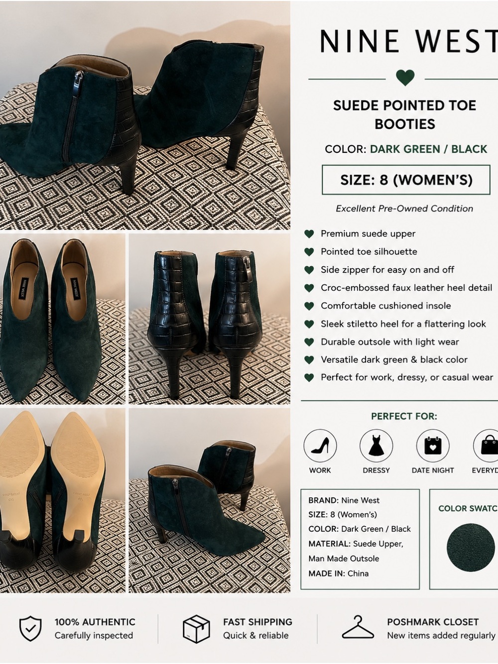 Nine West Dark Green & Black Suede Pointed Toe Booties - Stiletto Heel